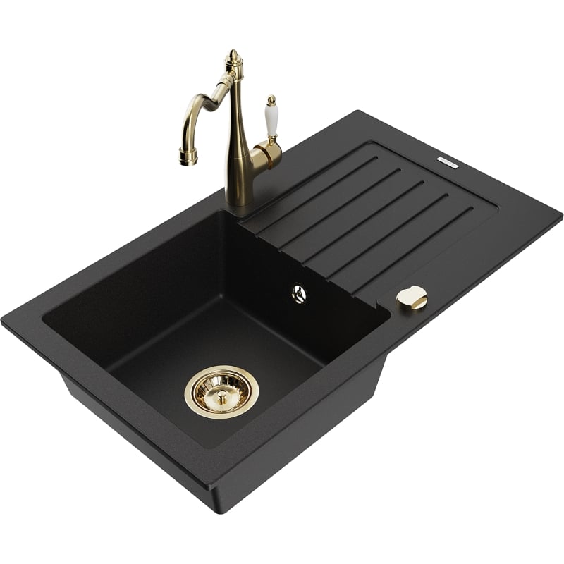Mexen Pablo Évier de cuisine en granit à 1 bac avec égouttoir et robinet Carla, noir - 6510-77-670700-50