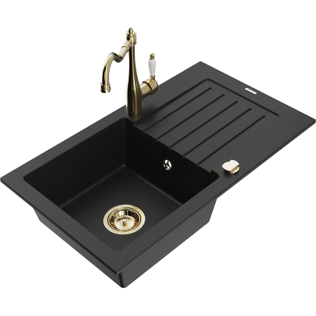 Mexen Pablo évier en granit 1 bac avec égouttoir et robinet de cuisine Carla, noir - 6510-77-670700-50