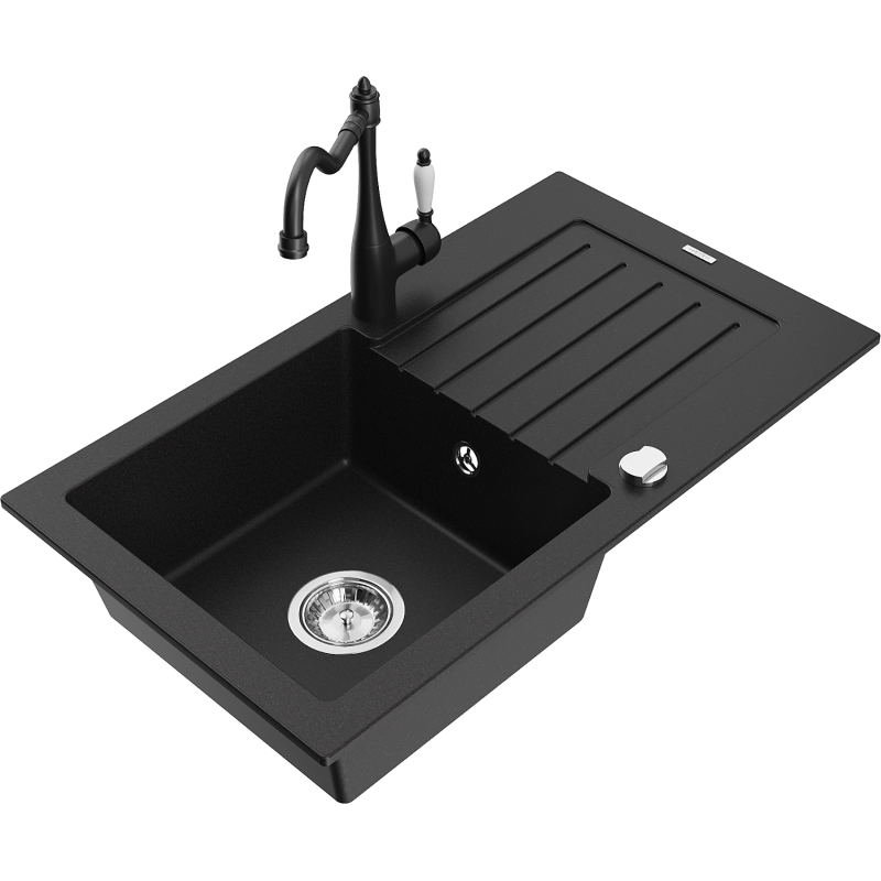 Mexen Pablo 1-basin granite sink with drainer and Carla kitchen tap, black - 6510-77-670700-70