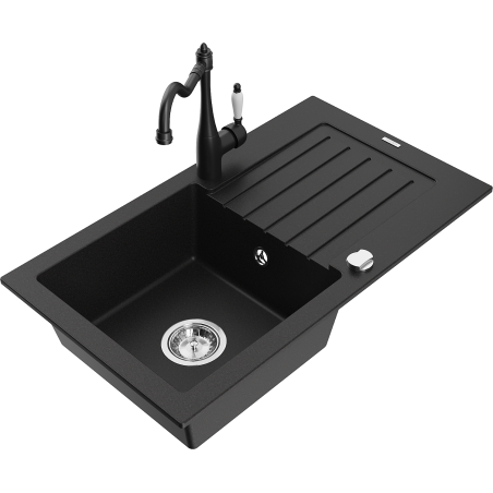 Mexen Pablo 1-basin granite sink with drainer and Carla kitchen tap, black - 6510-77-670700-70