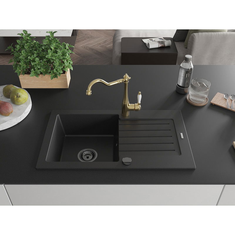 Mexen Pablo granite sink 1-bowl with drainer and Carla kitchen tap, black - 6510-77-670700-50-B
