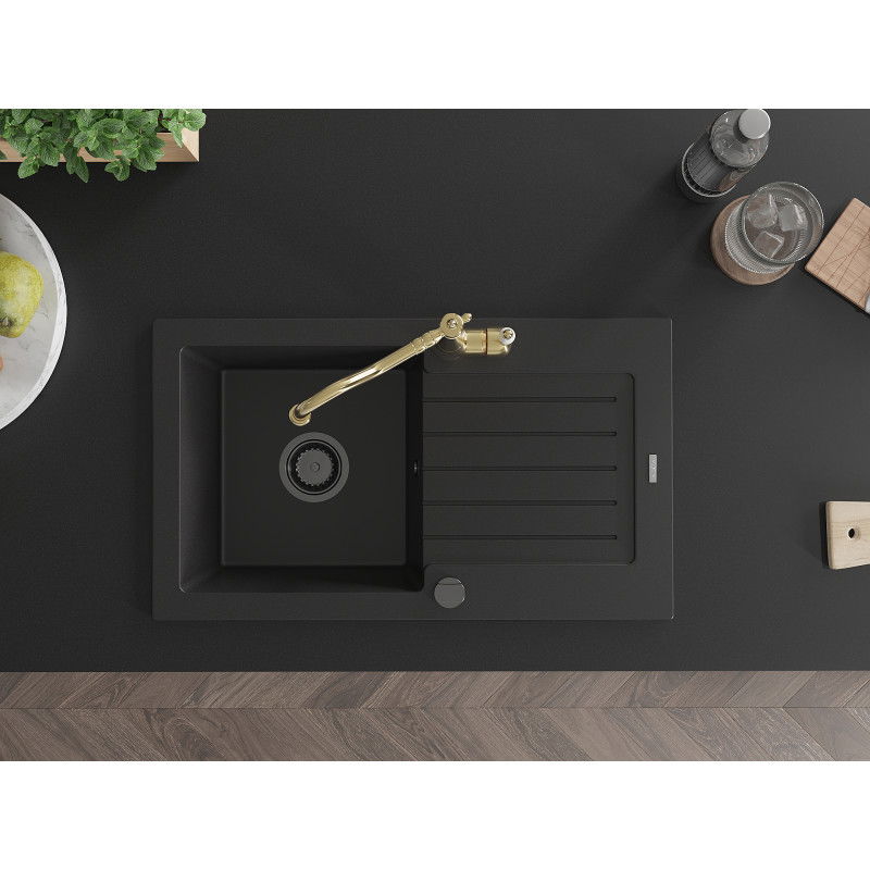 Mexen Pablo granite sink 1-bowl with drainer and Carla kitchen tap, black - 6510-77-670700-50-B