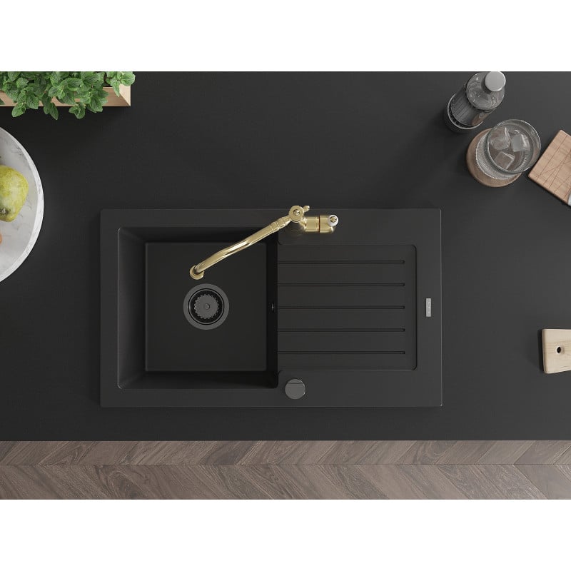 Mexen Pablo lavello da cucina in granito 1-vasca con sgocciolatoio e rubinetto da cucina Carla, nero - 6510-77-670700-50-B