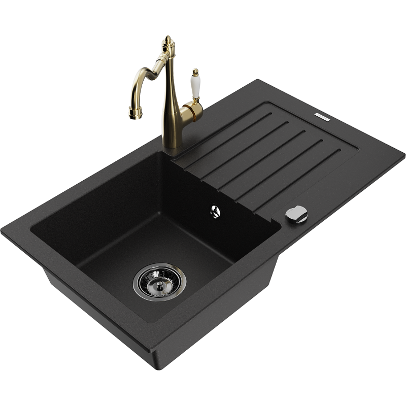 Mexen Pablo évier en granit 1 bac avec égouttoir et mitigeur de cuisine Carla, noir - 6510-77-670700-50-B