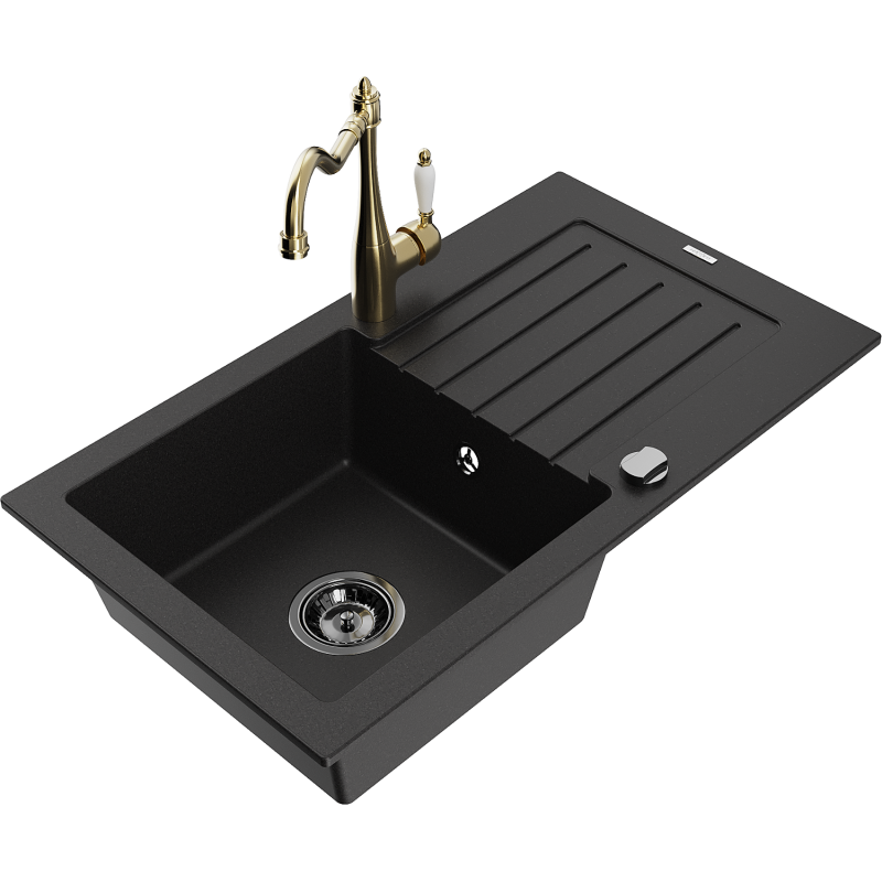Mexen Pablo fregadero de granito de 1 cubeta con escurridor y grifo de cocina Carla, negro - 6510-77-670700-50-B