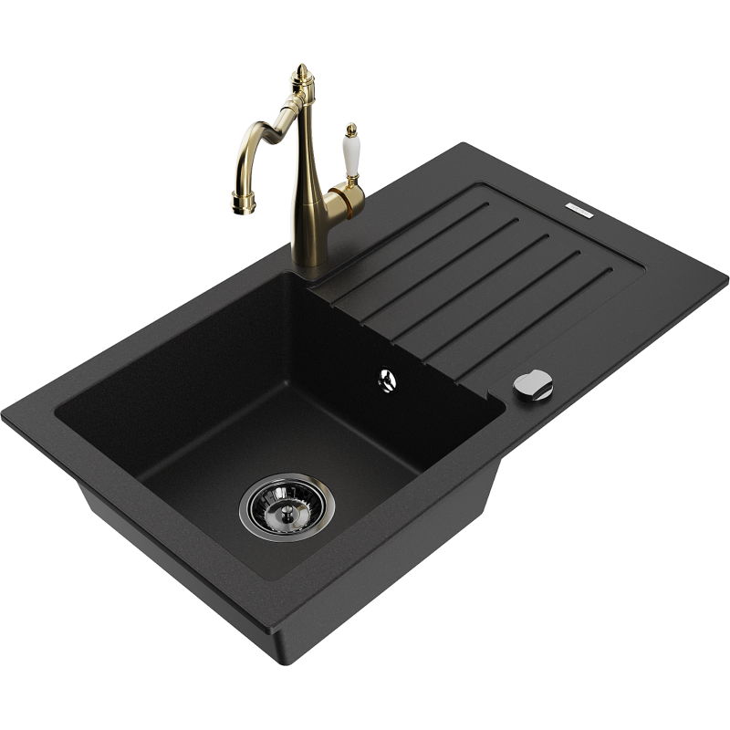 Mexen Pablo granite sink 1-bowl with drainer and Carla kitchen tap, black - 6510-77-670700-50-B
