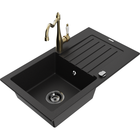 Mexen Pablo granite sink 1-bowl with drainer and Carla kitchen tap, black - 6510-77-670700-50-B