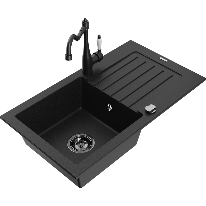 Mexen Pablo 1-bowl granite sink with drainer and Carla kitchen tap, black - 6510-77-670700-70-B