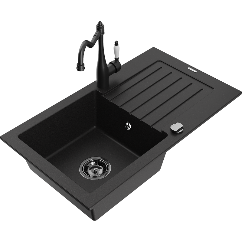 Mexen Pablo lava-loiça de granito 1-cuba com escorredor e torneira de cozinha Carla, preto - 6510-77-670700-70-B