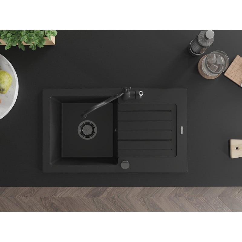Mexen Pablo 1-bowl granite sink with drainer and Carla kitchen tap, black - 6510-77-670700-70-B