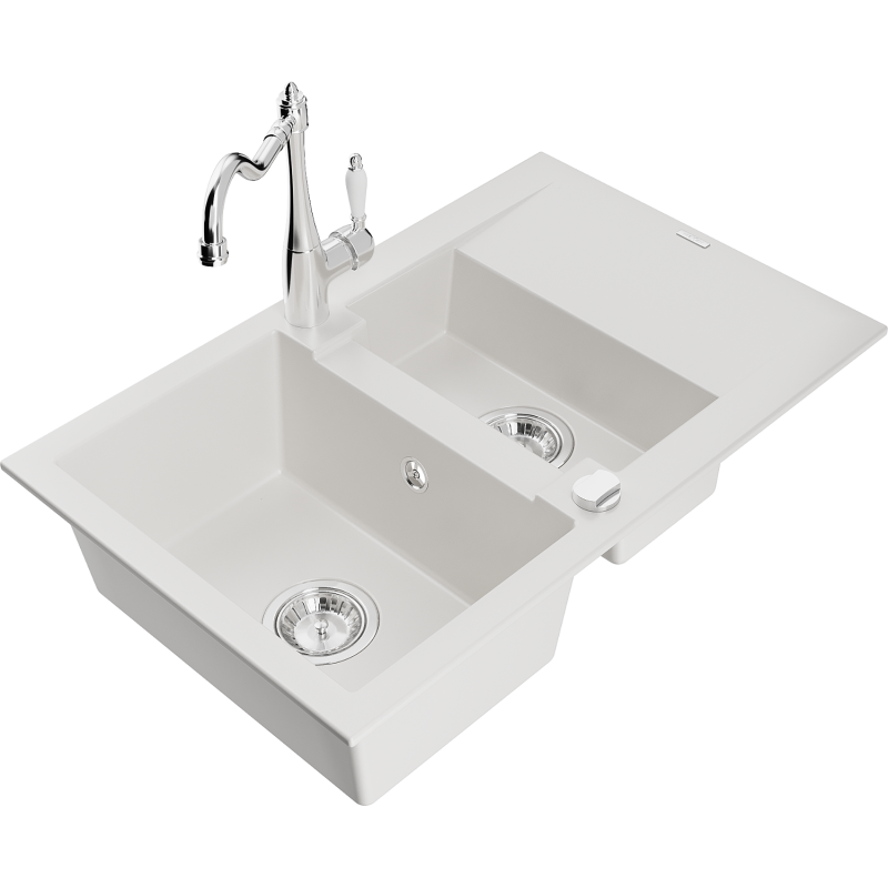 Mexen Gaspar fregadero de granito 1,5 senos con escurridor y grifo de cocina Carla, blanco - 6507-20-670700-00