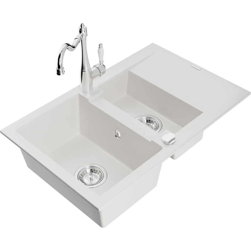 Mexen Gaspar fregadero de granito de 1,5 senos con escurridor y grifo de cocina Carla, blanco - 6507-20-670700-00