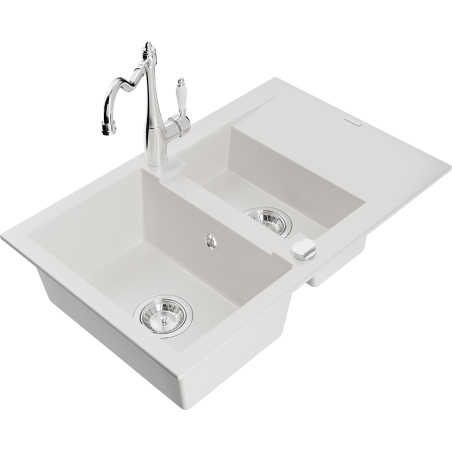 Mexen Gaspar 1.5-bowl granite kitchen sink with drainer and Carla kitchen tap, white - 6507-20-670700-00