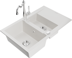 Mexen Gaspar 1.5-bowl granite sink with drainer and Carla kitchen faucet, white - 6507-20-670700-00