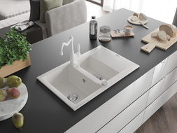 Mexen Gaspar granite sink 1.5-bowl with drainer and Carla kitchen tap, white - 6507-20-670700-20