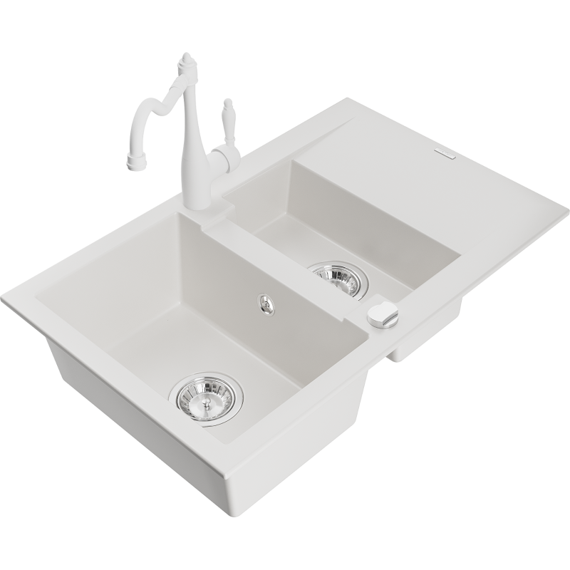 Mexen Gaspar granite sink 1.5-bowl with drainer and Carla kitchen tap, white - 6507-20-670700-20