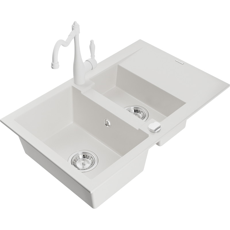 Mexen Gaspar granitische spoelbak 1,5-compartiment met afdruiprek en keukenkraan Carla, wit - 6507-20-670700-20