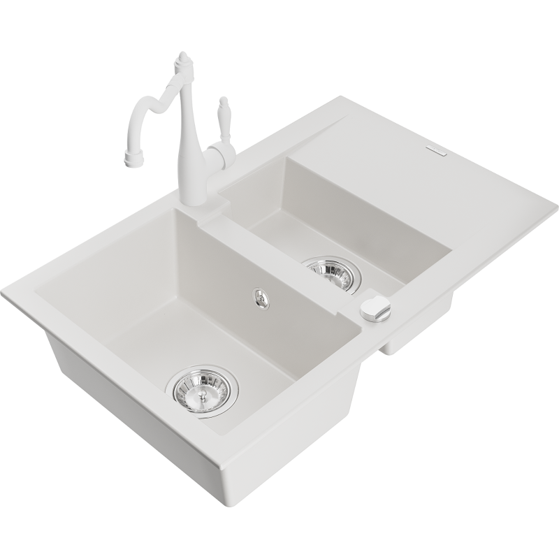 Mexen Gaspar lava-loiça de granito 1,5 bacias com escorredor e torneira de cozinha Carla, branco - 6507-20-670700-20