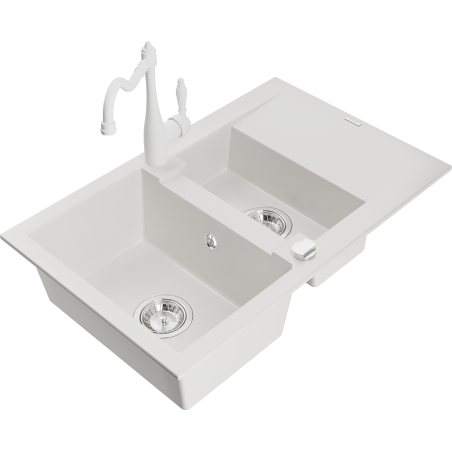 Mexen Gaspar granite sink 1.5-bowl with drainer and Carla kitchen tap, white - 6507-20-670700-20