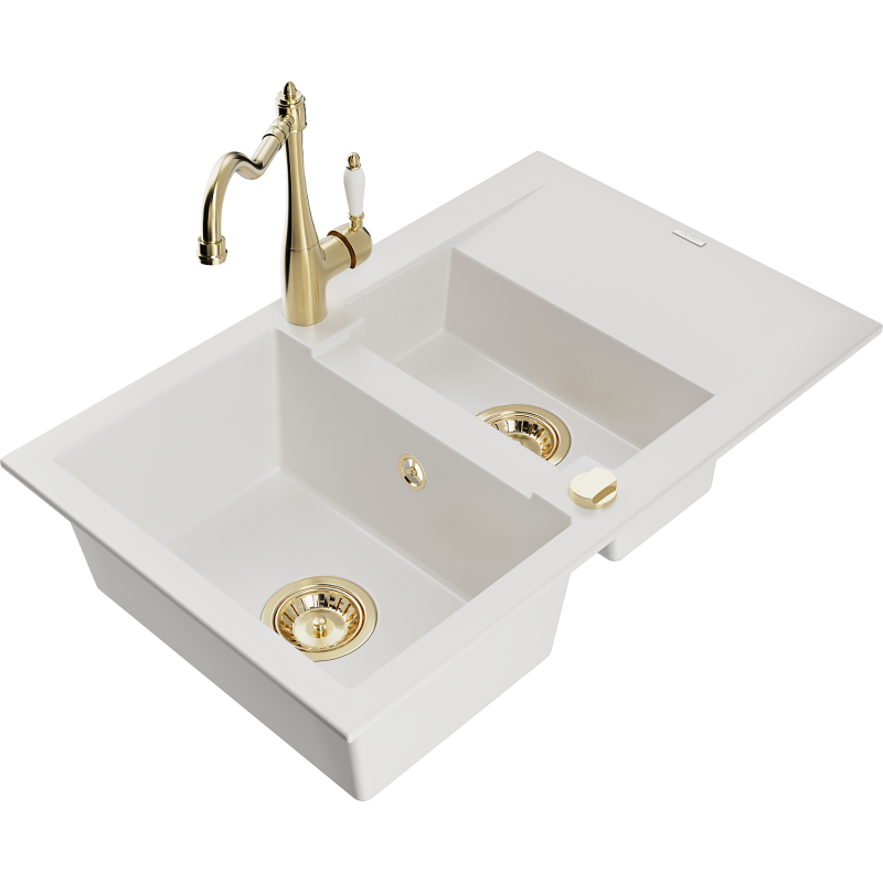 Mexen Gaspar 1.5-bowl granite sink with drainer and Carla kitchen tap, white - 6507-20-670700-50