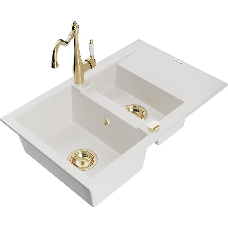 Mexen Gaspar lava-loiça de granito com 1,5 cubas, escorredor e torneira de cozinha Carla, branco - 6507-20-670700-50