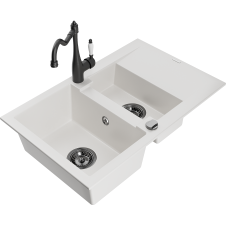 Mexen Gaspar granite sink 1.5-bowl with drainer and Carla kitchen faucet, white - 6507-20-670700-70