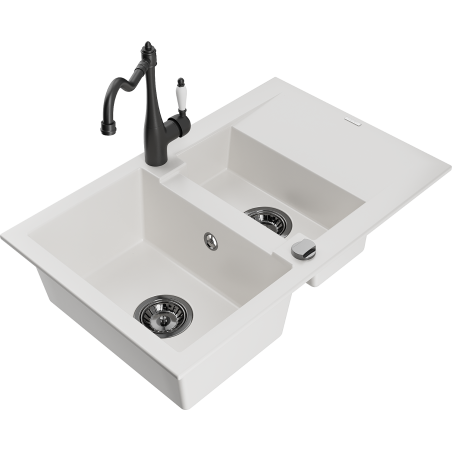 Mexen Gaspar lava-louça de granito de 1,5 compartimentos com escorredor e torneira de cozinha Carla, branco - 6507-20-670700-70