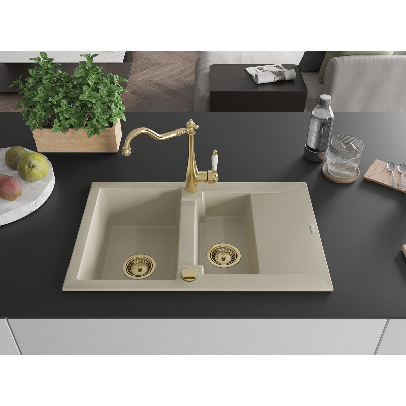 Mexen Gaspar fregadero de granito de 1,5 cubetas con escurridor y grifo de cocina Carla, color beige - 6507-69-670700-50