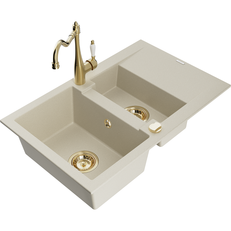 Mexen Gaspar fregadero de granito de 1.5 senos con escurridor y grifo de cocina Carla, beige - 6507-69-670700-50