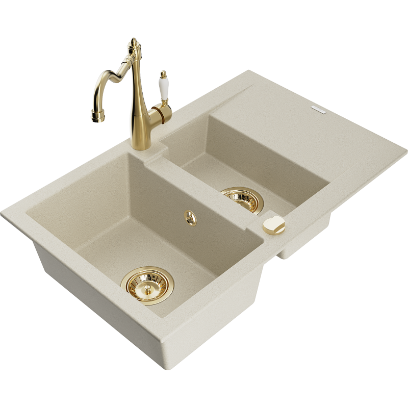 Mexen Gaspar granitais izlietne ar 1,5 kameru ar drenāžu un virtuves jaucējkrāns Carla, bēšs - 6507-69-670700-50