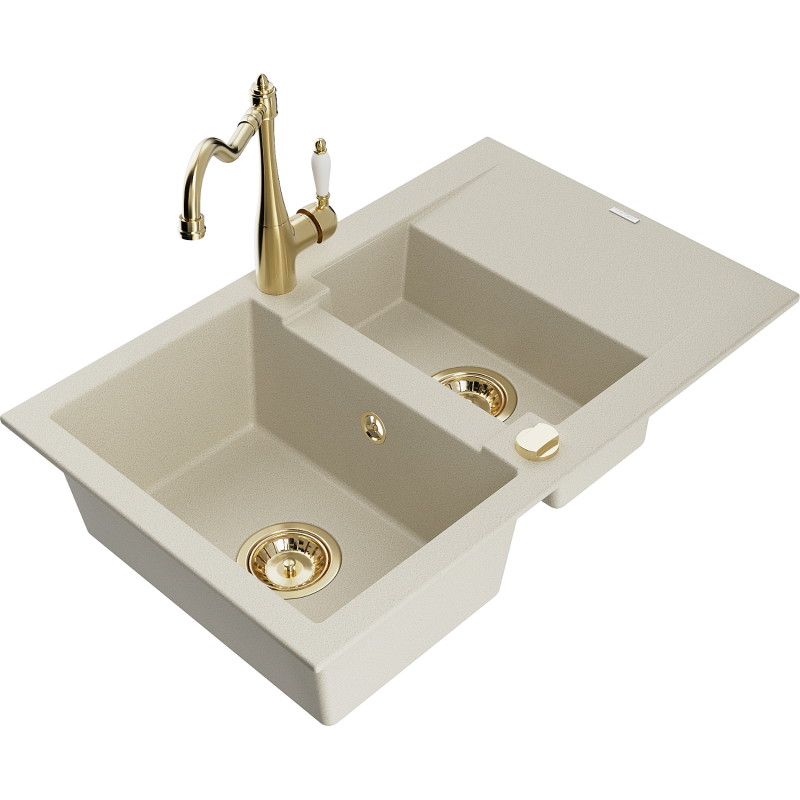 Mexen Gaspar Granitspüle 1,5-beckig mit Abtropffläche und Küchenarmatur Carla, beige - 6507-69-670700-50