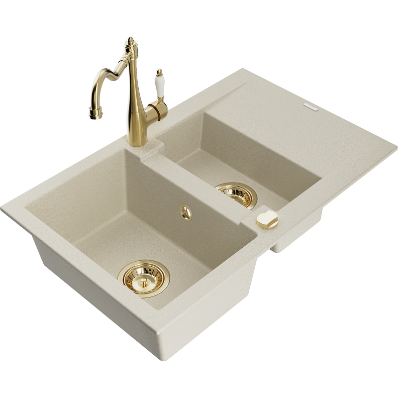 Mexen Gaspar lava-louça em granito de 1,5 cuba com escorredor e torneira de cozinha Carla, bege - 6507-69-670700-50