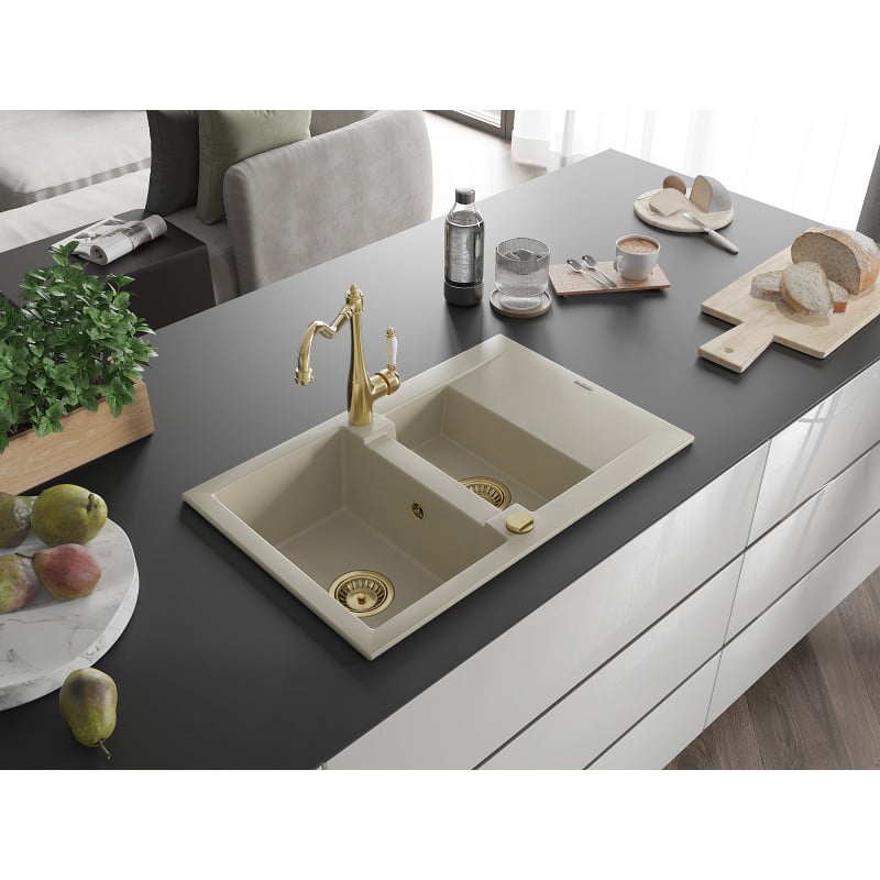 Mexen Gaspar fregadero de granito de 1.5 senos con escurridor y grifo de cocina Carla, beige - 6507-69-670700-50