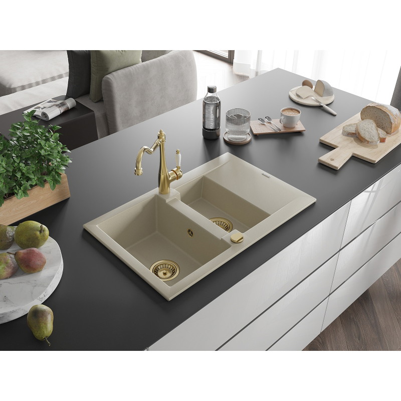 Mexen Gaspar granitische spoelbak 1,5 compartimenten met afdruiprek en keukenmengkraan Carla, beige - 6507-69-670700-50