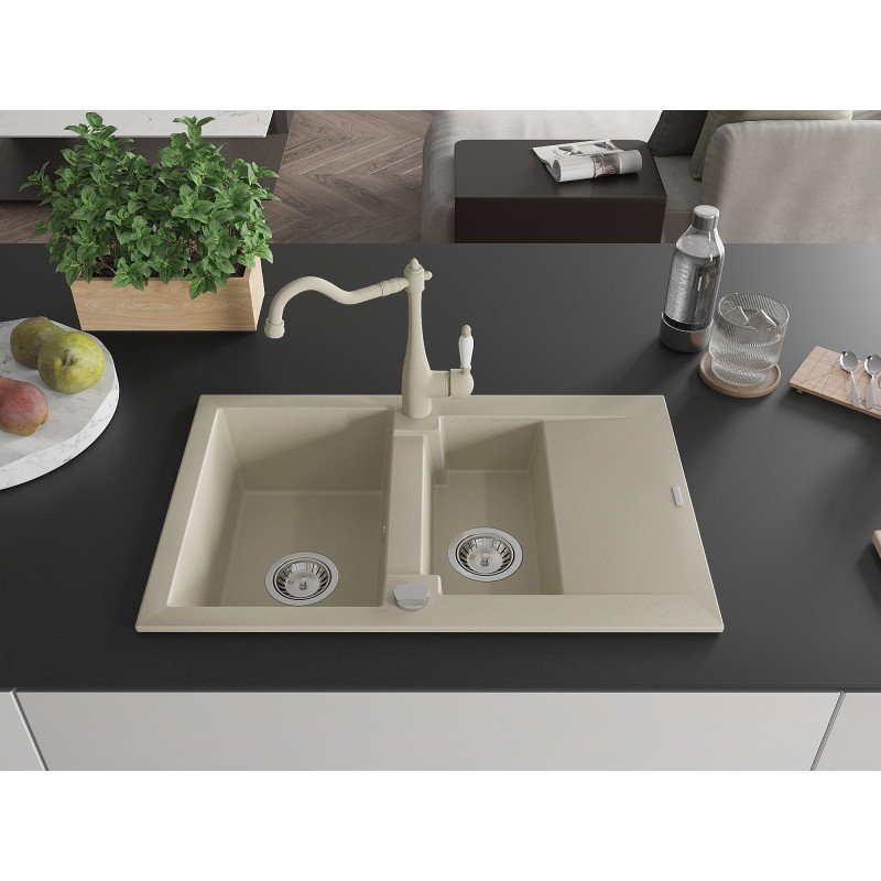 Mexen Gaspar granit gootsteen 1,5-kamer met afdruiprek en keukenkraan Carla, beige - 6507-69-670700-69