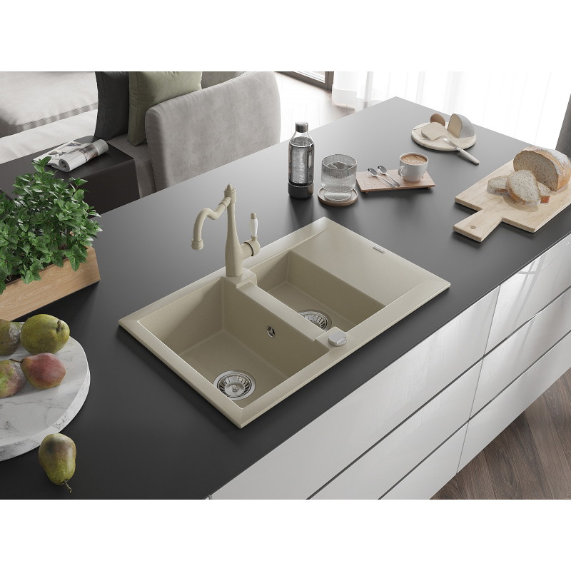 Mexen Gaspar Granitspüle 1,5-Becken mit Abtropffläche und Küchenarmatur Carla, beige - 6507-69-670700-69