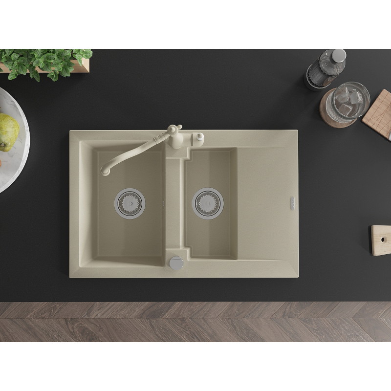 Mexen Gaspar fregadero de granito de 1,5 senos con escurridor y grifo de cocina Carla, beige - 6507-69-670700-69