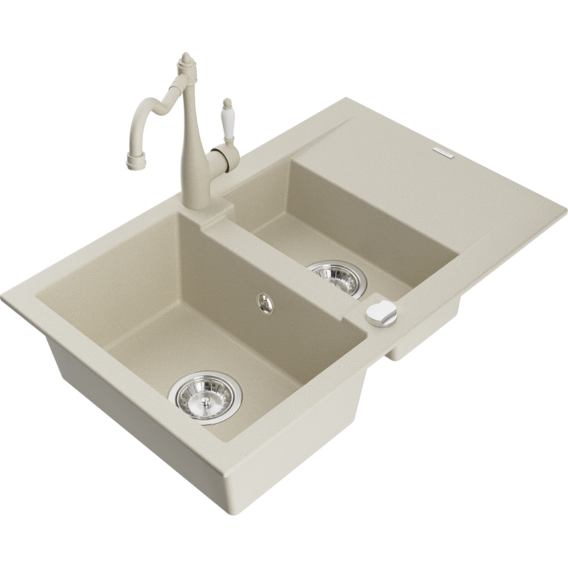 Mexen Gaspar 1.5-bowl granite sink with drainer and Carla kitchen tap, beige - 6507-69-670700-69