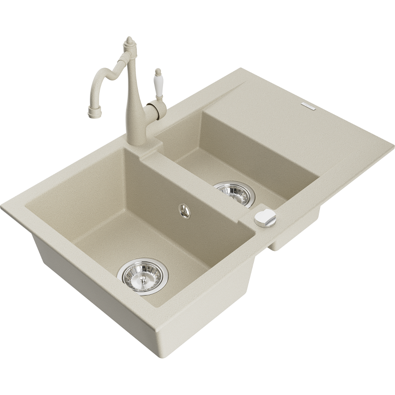 Mexen Gaspar fregadero de granito de 1,5 compartimentos con escurridor y grifo de cocina Carla, beige - 6507-69-670700-69