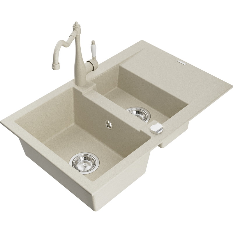 Mexen Gaspar fregadero de granito de 1,5 senos con escurridor y grifo de cocina Carla, beige - 6507-69-670700-69