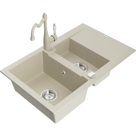 Mexen Gaspar fregadero de granito de 1,5 compartimentos con escurridor y grifo de cocina Carla, beige - 6507-69-670700-69
