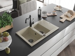 Mexen Gaspar Granitspüle 1,5-beckig mit Abtropffläche und Küchenarmatur Carla, beige - 6507-69-670700-70