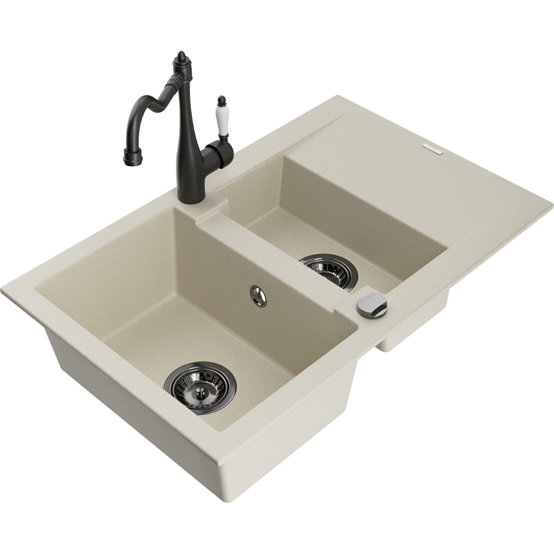 Mexen Gaspar 1.5-bowl granite sink with drainer and Carla kitchen tap, beige - 6507-69-670700-70