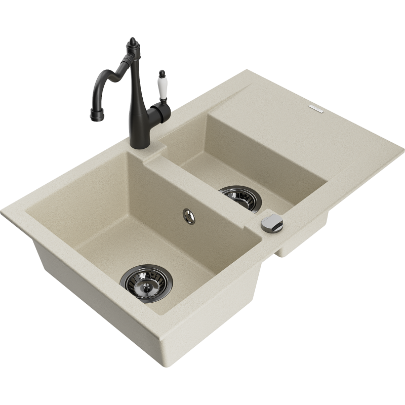 Mexen Gaspar fregadero de granito de 1,5 senos con escurridor y grifo de cocina Carla, beige - 6507-69-670700-70