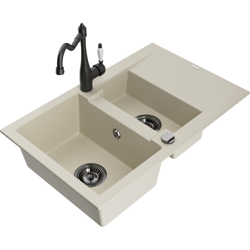 Mexen Gaspar granitische spoelbak 1,5-compartiment met afdruiprek en keukenkraan Carla, beige - 6507-69-670700-70
