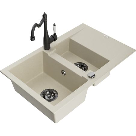 Mexen Gaspar granitische spoelbak 1,5-compartiment met afdruiprek en keukenkraan Carla, beige - 6507-69-670700-70
