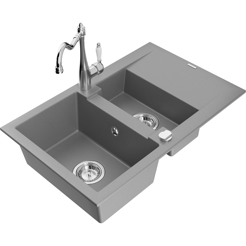 Mexen Gaspar Granite Sink 1.5-Bowl with Drainer and Carla Kitchen Tap, Grey - 6507-71-670700-00