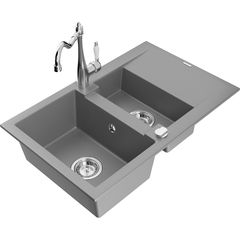 Mexen Gaspar lava-louça de granito 1,5 bacias com escorredor e torneira de cozinha Carla, cinza - 6507-71-670700-00