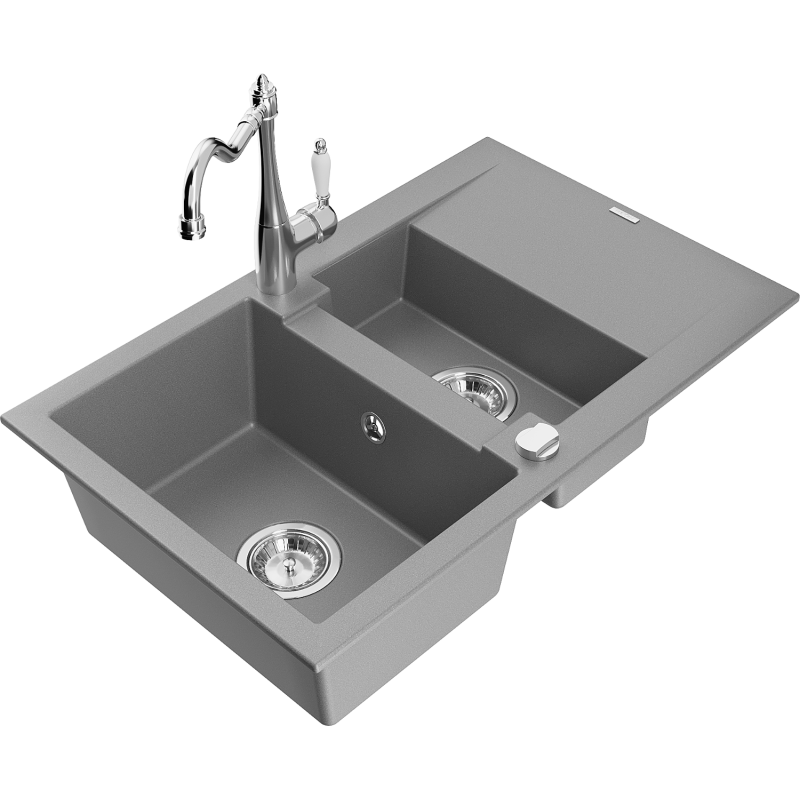 Mexen Gaspar lavello in granito 1,5 vasche con sgocciolatoio e miscelatore da cucina Carla, grigio - 6507-71-670700-00