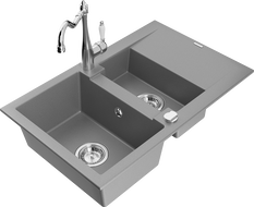 Mexen Gaspar Granite Sink 1.5-Bowl with Drainer and Carla Kitchen Tap, Grey - 6507-71-670700-00